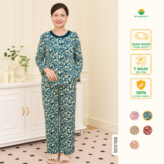  Đồ bộ lanh tole trung niên dài tay  Việt Thắng quần dài áo dài tay họa tiết - B10.5135 