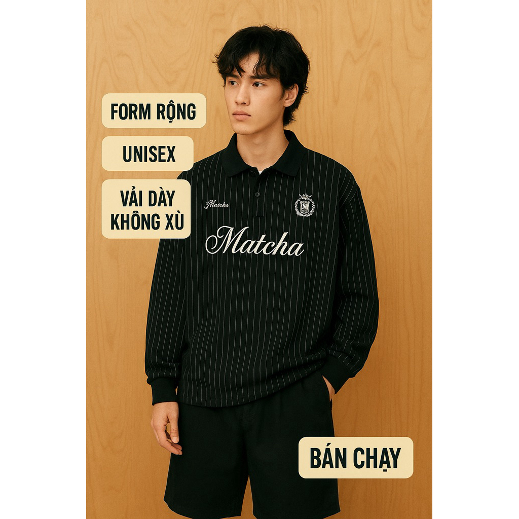 Áo Polo Dài Tay Nam Nữ Unisex Form Rộng Matcha Streetwear, Áo Thun Tay Dài Phong Cách Hàn Quốc