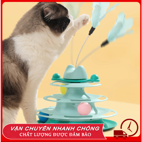 😻😻 Tháp banh 4 tầng kèm đồ chơi lông vũ cho mèo , Bóng bàn xoay cho mèo