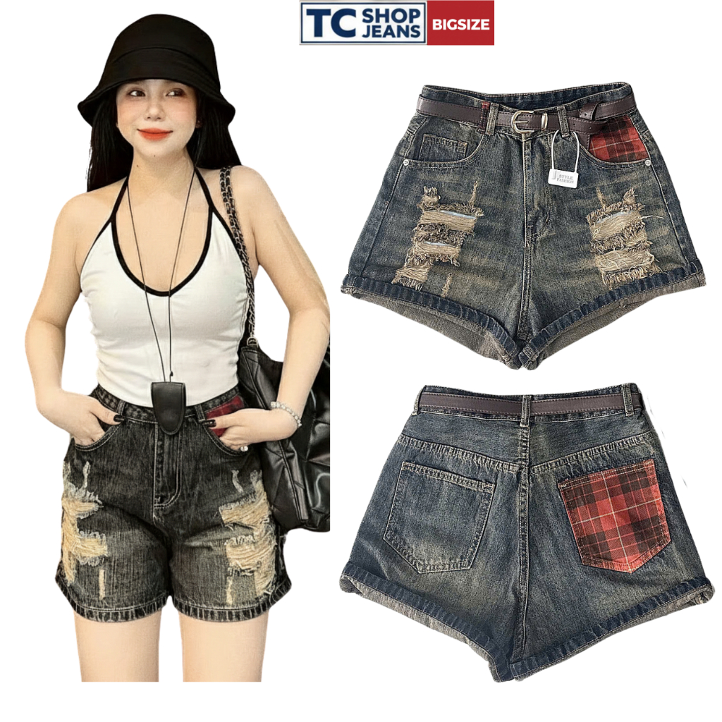 Quần short jean nữ rách nhiều phối caro túi trước và sau TC SHOP JEANS bigsize 55-90kg chất jean QC 