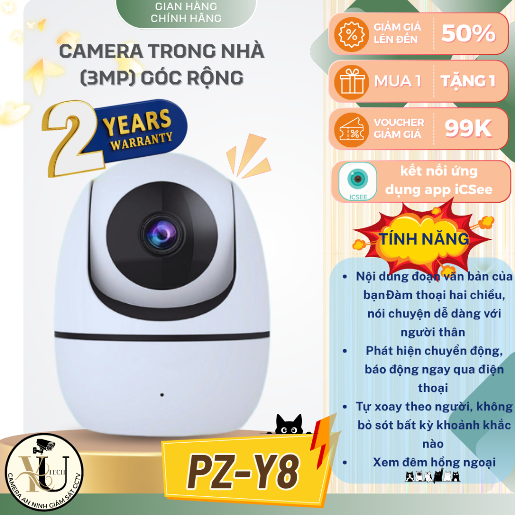 Camera an ninh icsee PZ-Y8 3MP - Đàm thoại 2 chiều - xoay 360 độ