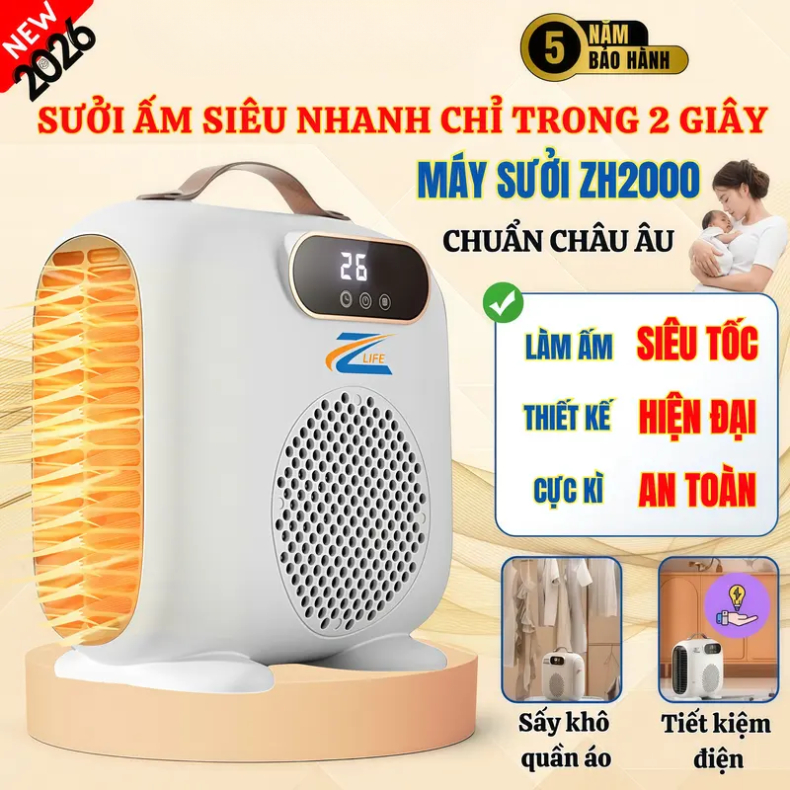 Máy Sưởi Mùa Đông Zlife 2 Chiều Nóng Mát Công Suất 2000W Màn Hình LCD Tiết Kiệm Điện