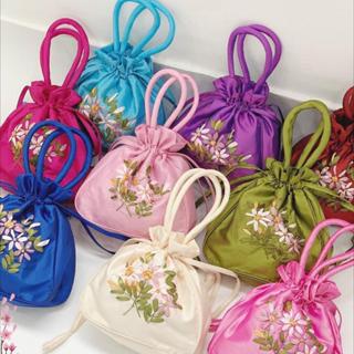 Túi Cầm Tay Nữ Thêu Hoa Nổi 3D Dây Rút Phong Cách Cổ Điển, Túi Đi Chơi Đi Cafe Đi chùa Đi Lễ Hội