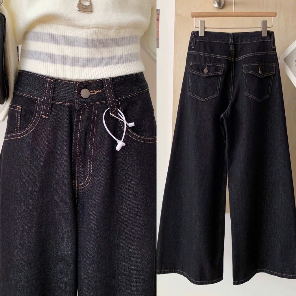 YURI JEANS -MÃ16 Quần Jeans Nữ Ống Suông Màu Đen Xám Túi Hộp Thời Trang Chất Liệu Cotton