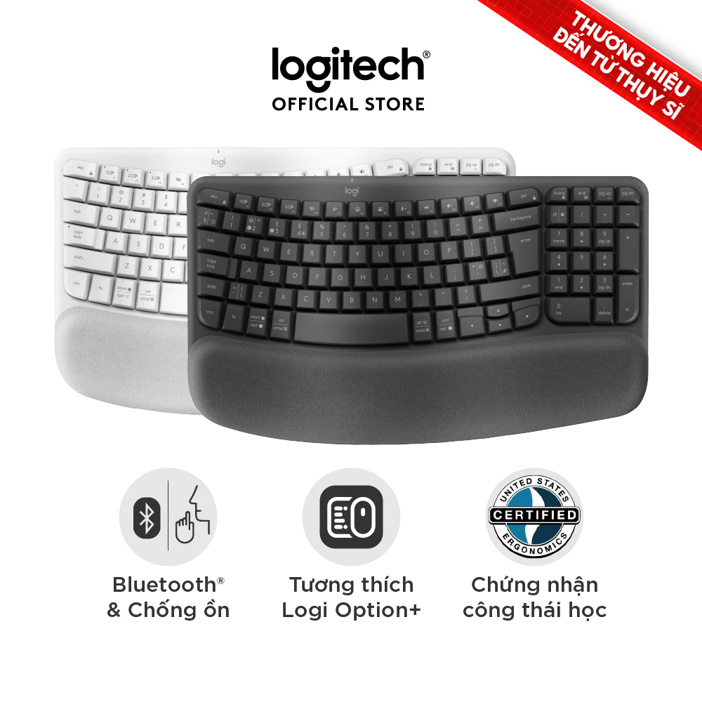Bàn phím không dây công thái học Logitech Wave Keys - Kết nối Bluetooth, Gác tay, Windows, MacOs