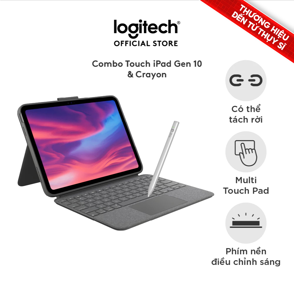 Bao da kèm phím Logitech Combo Touch dành cho iPad Gen 10 (10.9 inch) & Bút cảm ứng Logitech Crayon