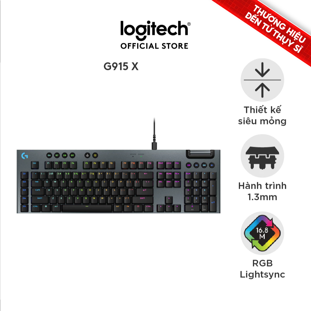 Bàn phím cơ Gaming có dây Lowprofile Logitech G G915 X Fullsize, Mũ phím PBT, nút lập trình, RGB