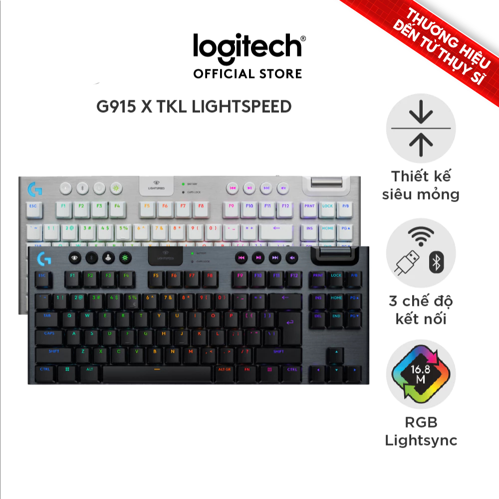 Bàn phím Gaming không dây Lowprofile Logitech G915 X LIGHTSPEED TKL, Mũ phím PBT, nút lập trình, RGB