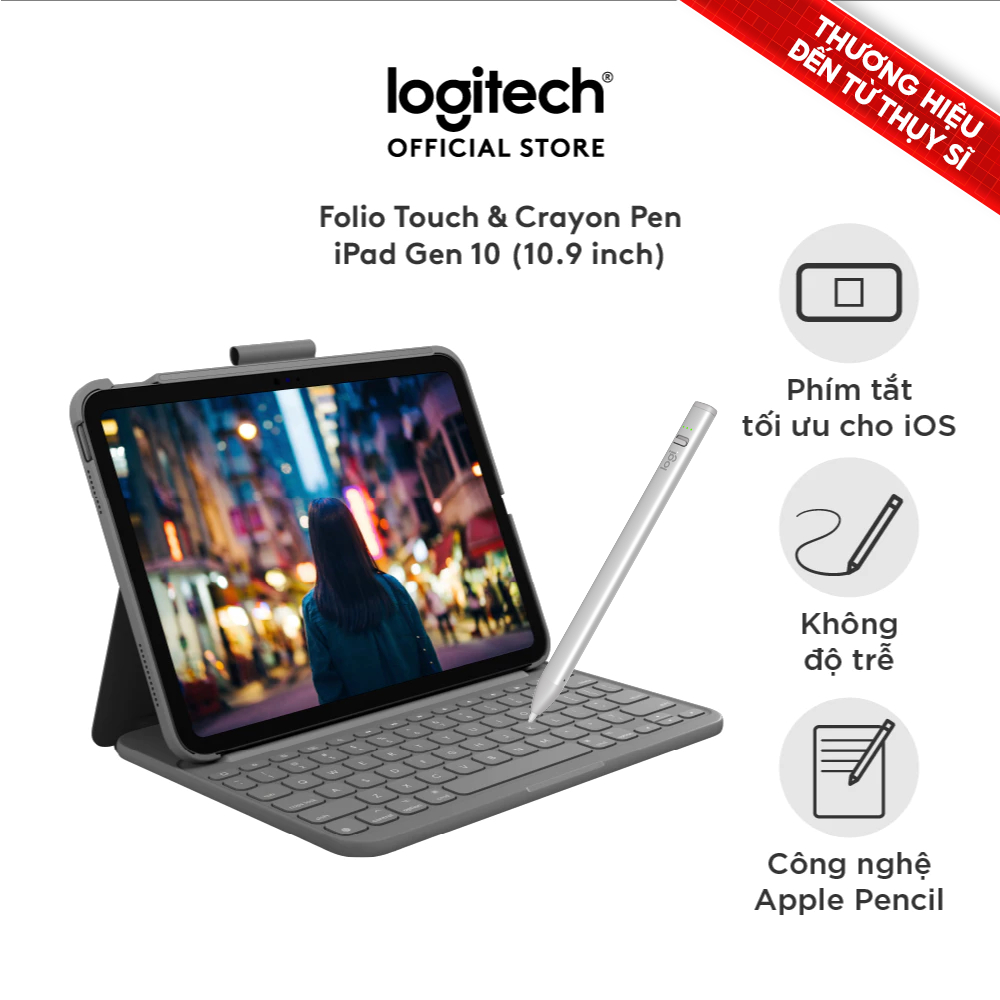 Bao da kèm phím Logitech Slim Folio cho iPad Gen 10 (10.9 inch) & Bút cảm ứng Logitech Crayon
