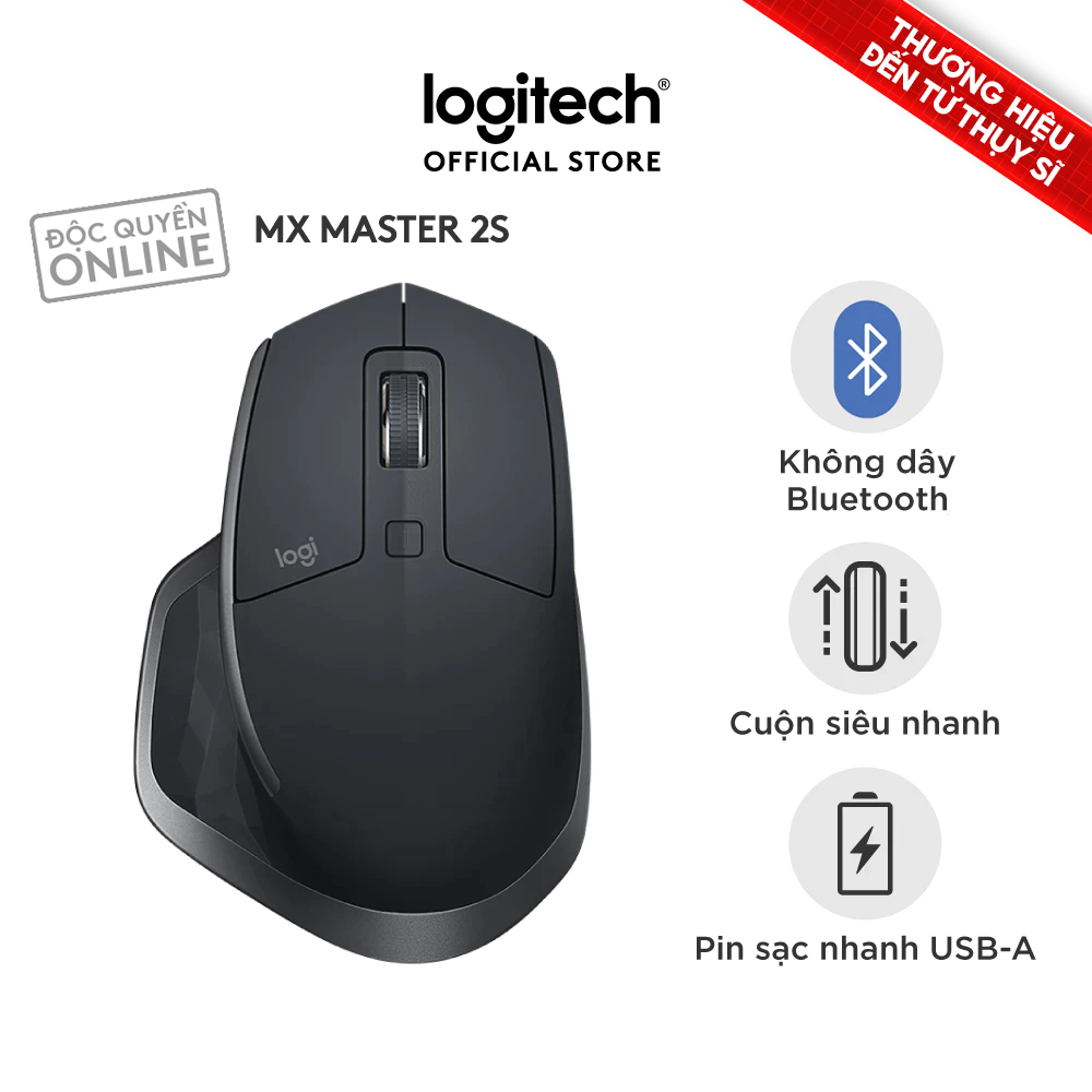 Chuột không dây Bluetooth Logitech MX Master 2s - form to, pin sạc USB-A, Mac/ Laptop