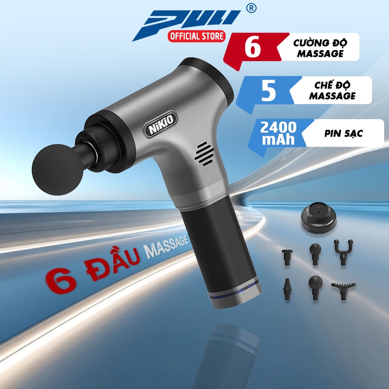 Súng Massage Cầm Tay Nikio NK-171 - 6 Đầu, 80W, Bạc