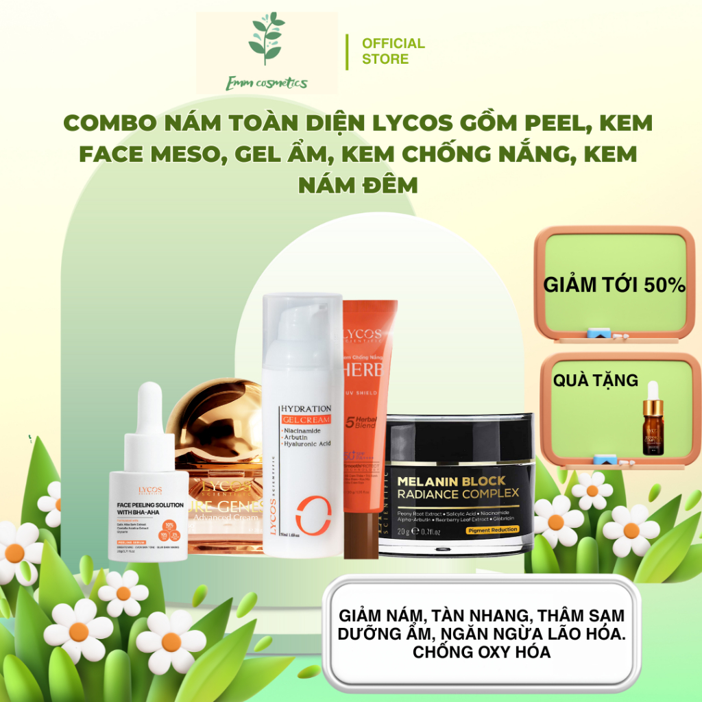 Combo mờ nám toàn diện Lycos gồm kem face meso, kem nám đêm, tinh chất peel, kem chống nắng,gel dưỡn