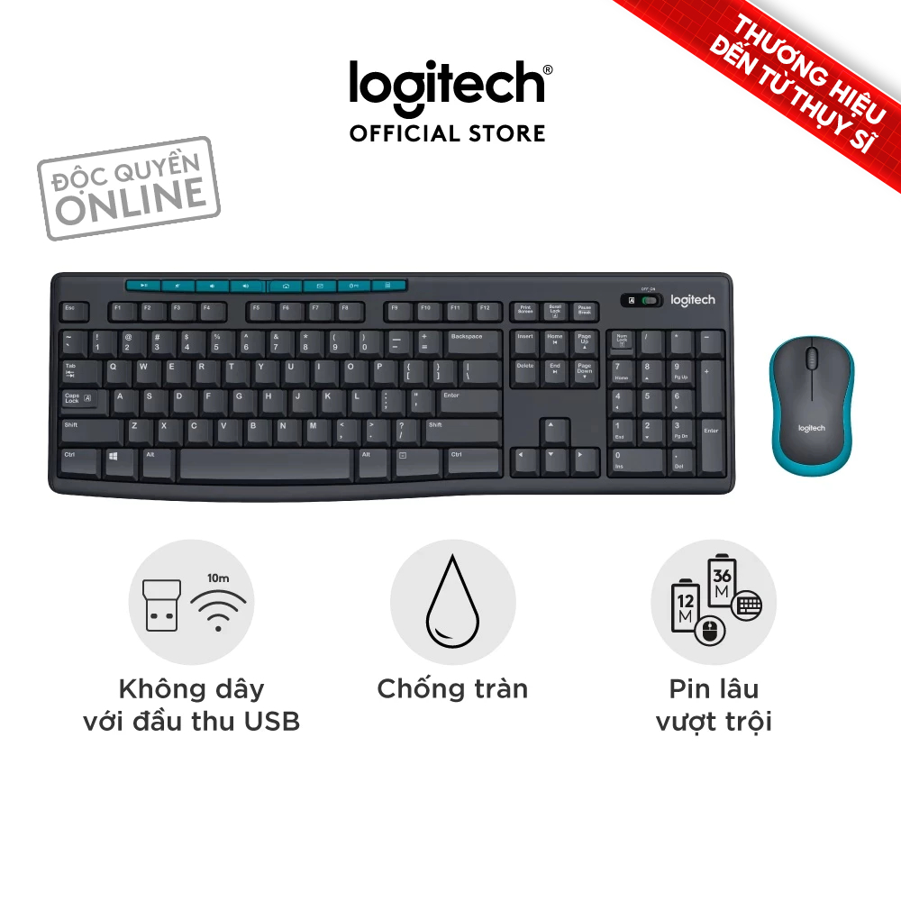 Combo chuột phím không dây Logitech MK275 - Phím media & viền chuột nổi bật, 1 đầu USB