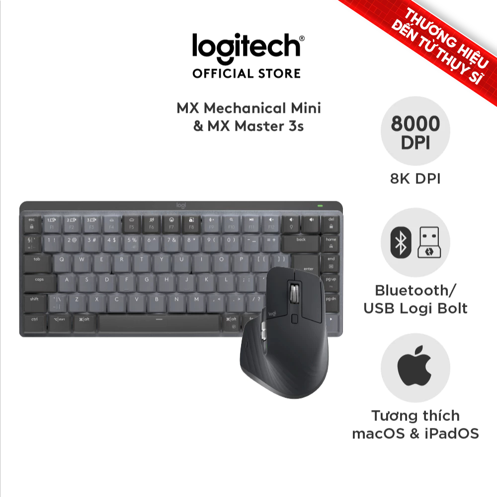 Combo Bàn phím Logitech MX Mechanical Mini và Chuột Logitech MX Master 3S - sạc USB-C, mac OS | Win