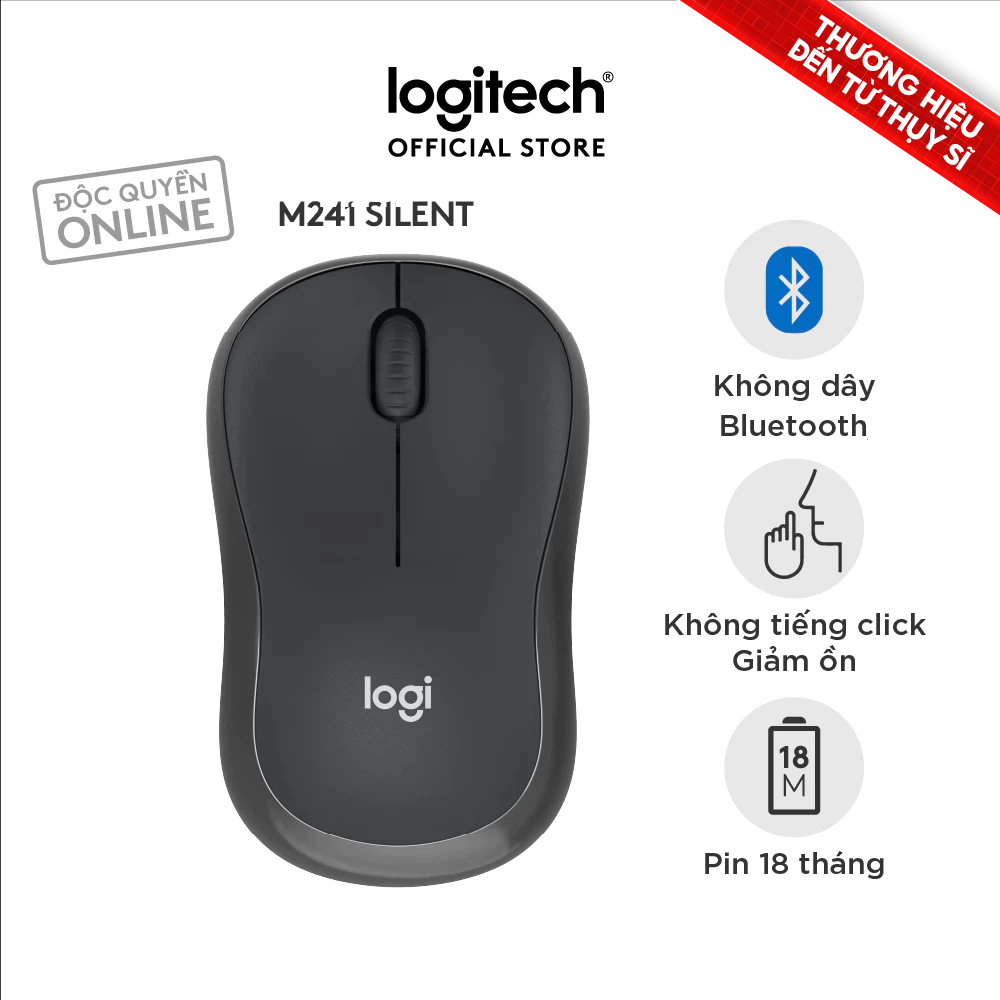 Chuột Bluetooth Logitech M241 Silent - Không dây, Nhỏ gọn, Tương thích Windows, macOS
