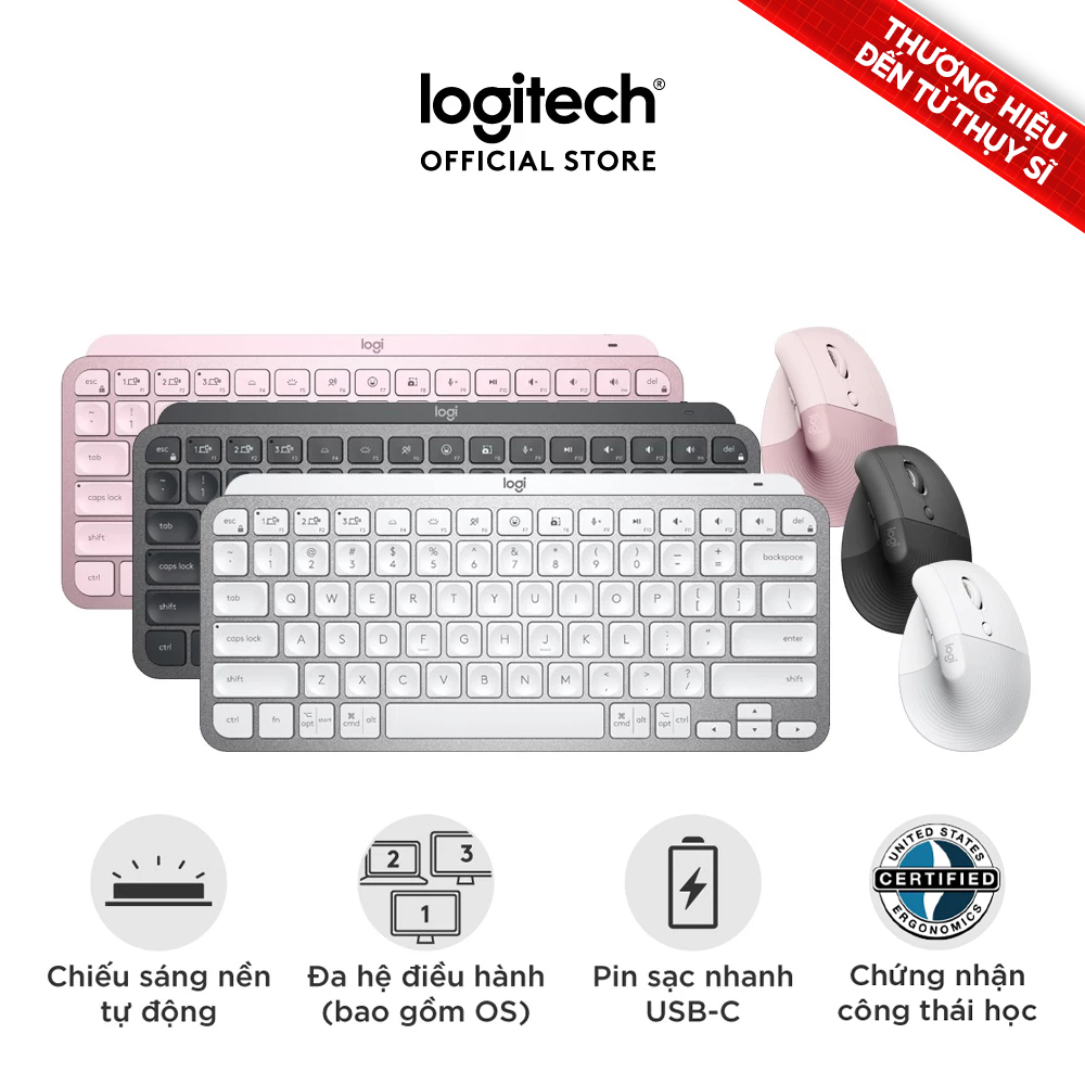 Combo Bàn phím Logitech MX Keys Mini và Chuột Logitech Lift Vertical - Bluetooth, USB Logi Bolt