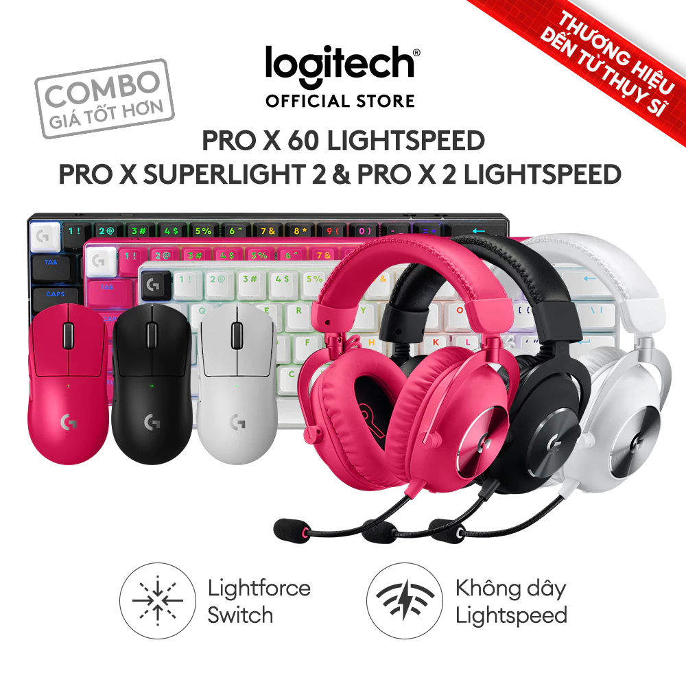 Combo Logitech G PRO Gaming Bàn phím Logitech G Pro X 60, Tai nghe G Pro X 2 Lightspeed, Chuột G Pro