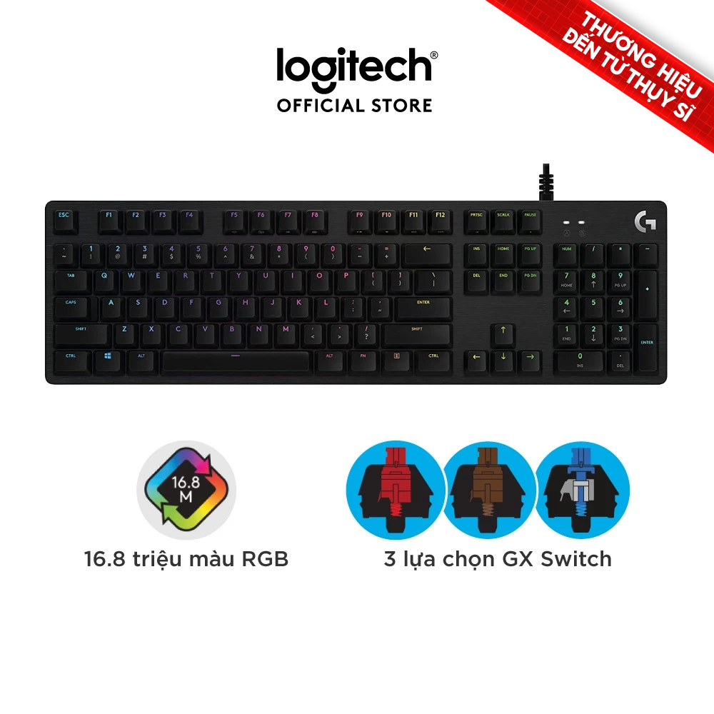 Bàn phím cơ gaming Logitech G512 GX RGB - 3 loại phím cơ GX Switch, cổng USB 2.0