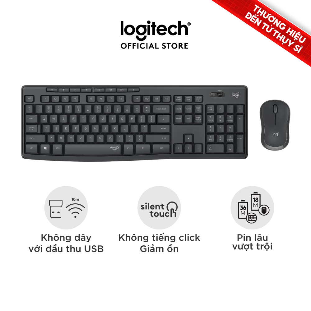Combo Bàn phím và chuột không dây Logitech MK295 Silent - Giảm ồn, có phím số, bền bỉ