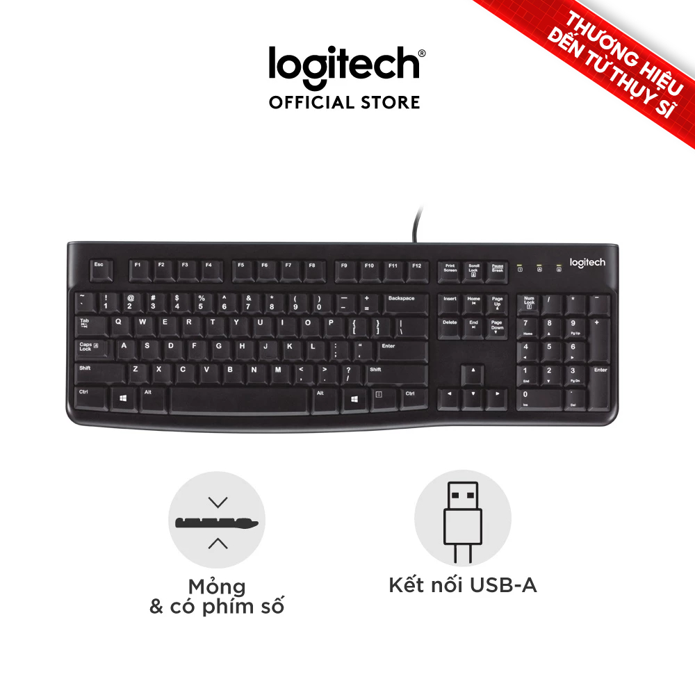 Bàn phím có dây Logitech K120 - Bền bỉ, chống tràn, kích thước đầy đủ có phím số