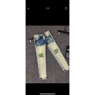  Quần jean nam LV xanh trơn phối hoa văn dáng skinny hàng quảng châu,quần bò xanh LV chất denim in họa tiết sau túi 3337 