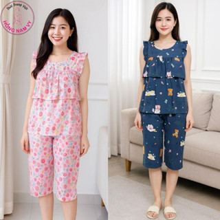  Đồ bộ tole lanh nữ HỒNG NAM VY lửng bèo ngực cánh tiên vải hai da mịn mát mặc nhà mặc ngủ thoải mái 