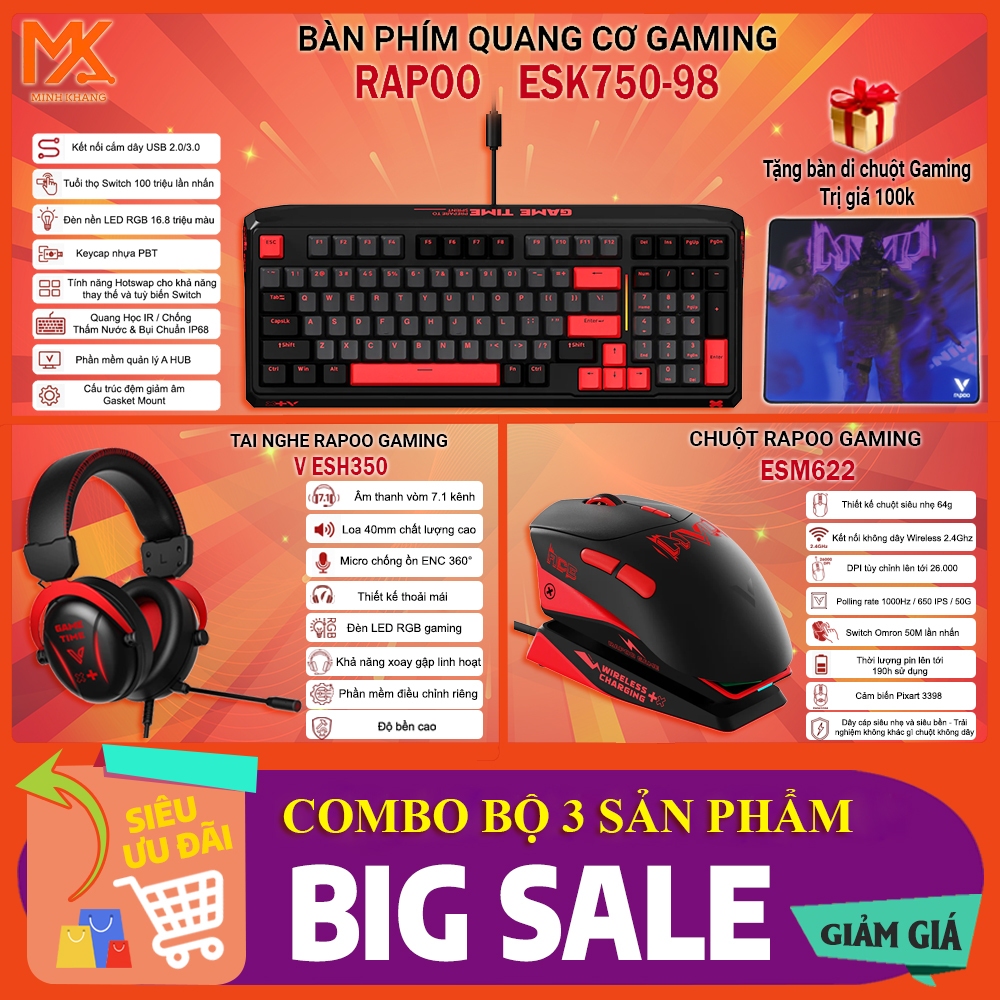 [Combo Gaming] Bộ 3 Rapoo ESK750-98 + ESH350 + ESM622 – Bàn phím cơ RGB, Tai nghe 7.1, Chuột không d