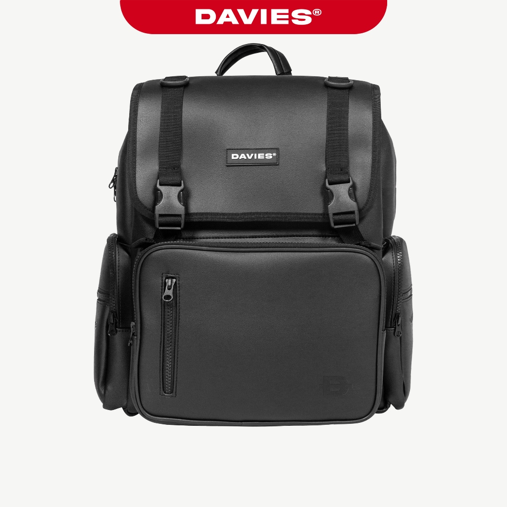 Balo da đi học DAVIES nữ nam chống nước nhiều ngăn local brand đen trơn đựng laptop 15 inch Leather 