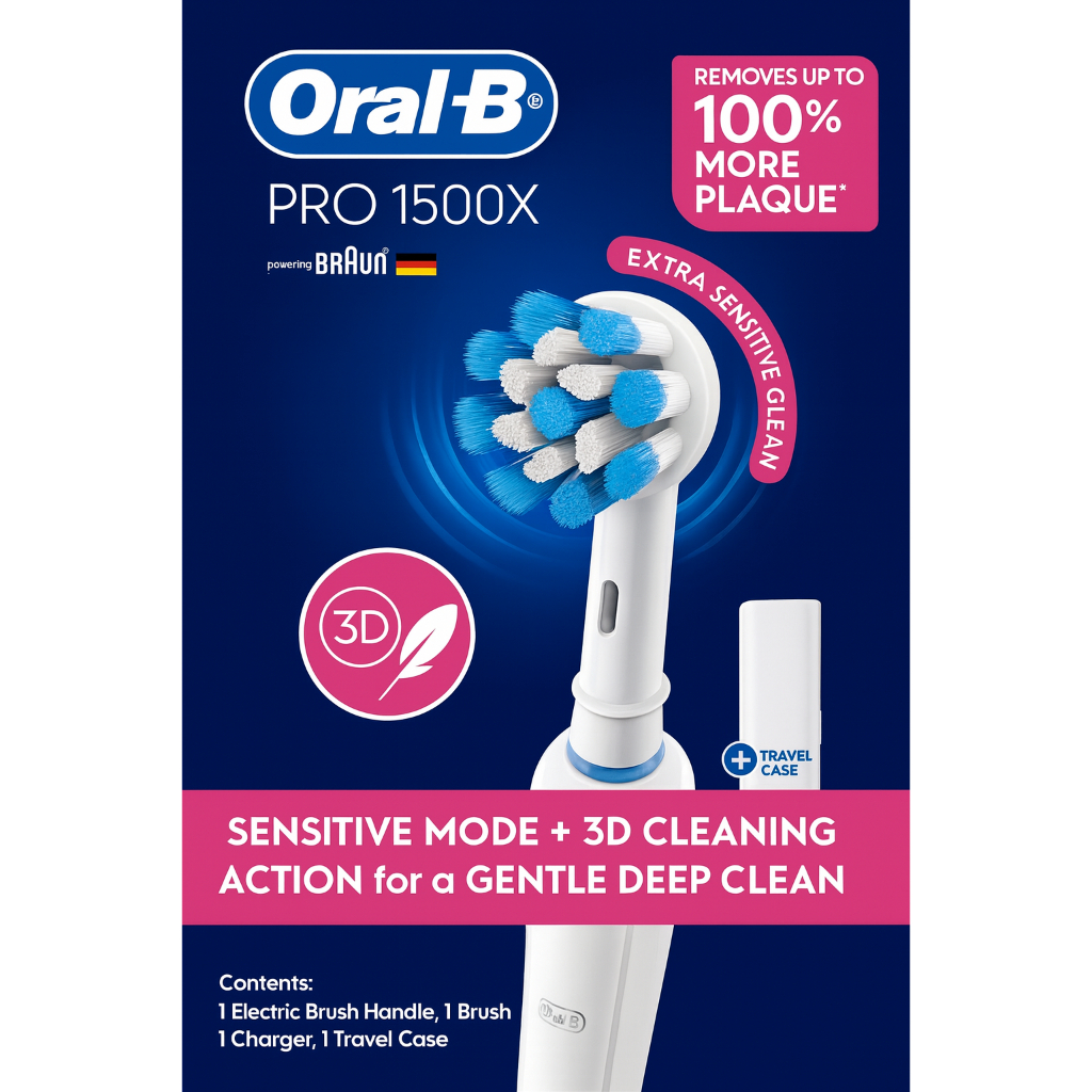 Bàn Chải Điện Oral-B Pro 1500X - 3 Chức Năng Làm Sạch, Cảm Biến Lực