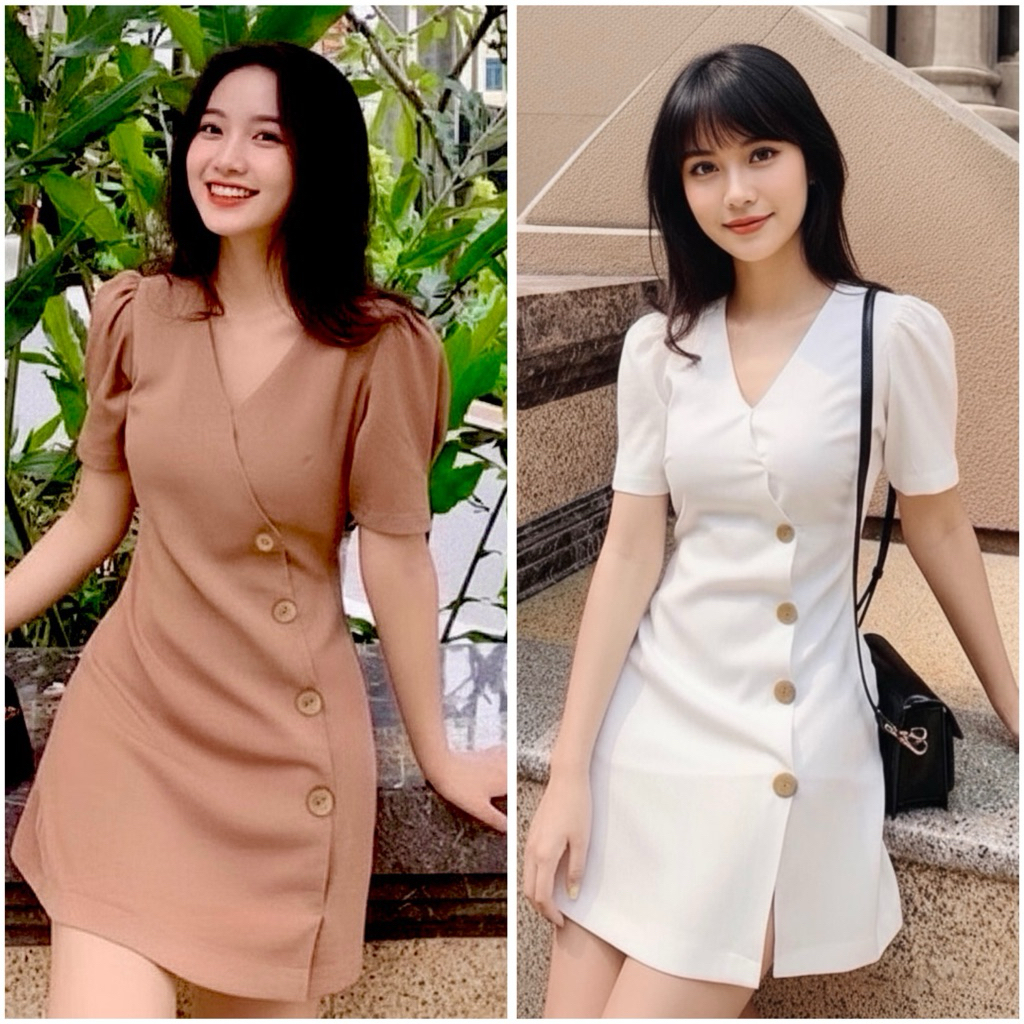 Đầm công sở cổ V nút xéo 2 màu, váy dạo phố cá tính (kèm hình thật)
