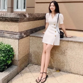 Đầm công sở cổ V nút xéo 2 màu, váy dạo phố cá tính (kèm hình thật)