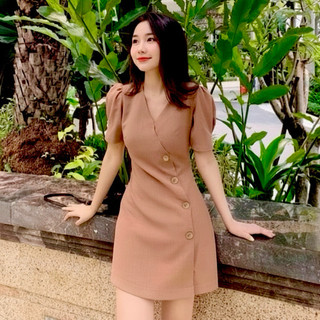 Đầm công sở cổ V nút xéo 2 màu, váy dạo phố cá tính (kèm hình thật)
