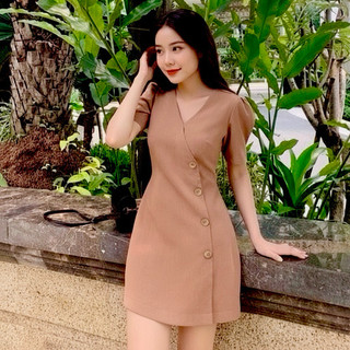Đầm công sở cổ V nút xéo 2 màu, váy dạo phố cá tính (kèm hình thật)