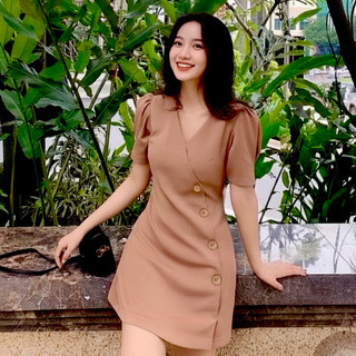 Đầm công sở cổ V nút xéo 2 màu, váy dạo phố cá tính (kèm hình thật)