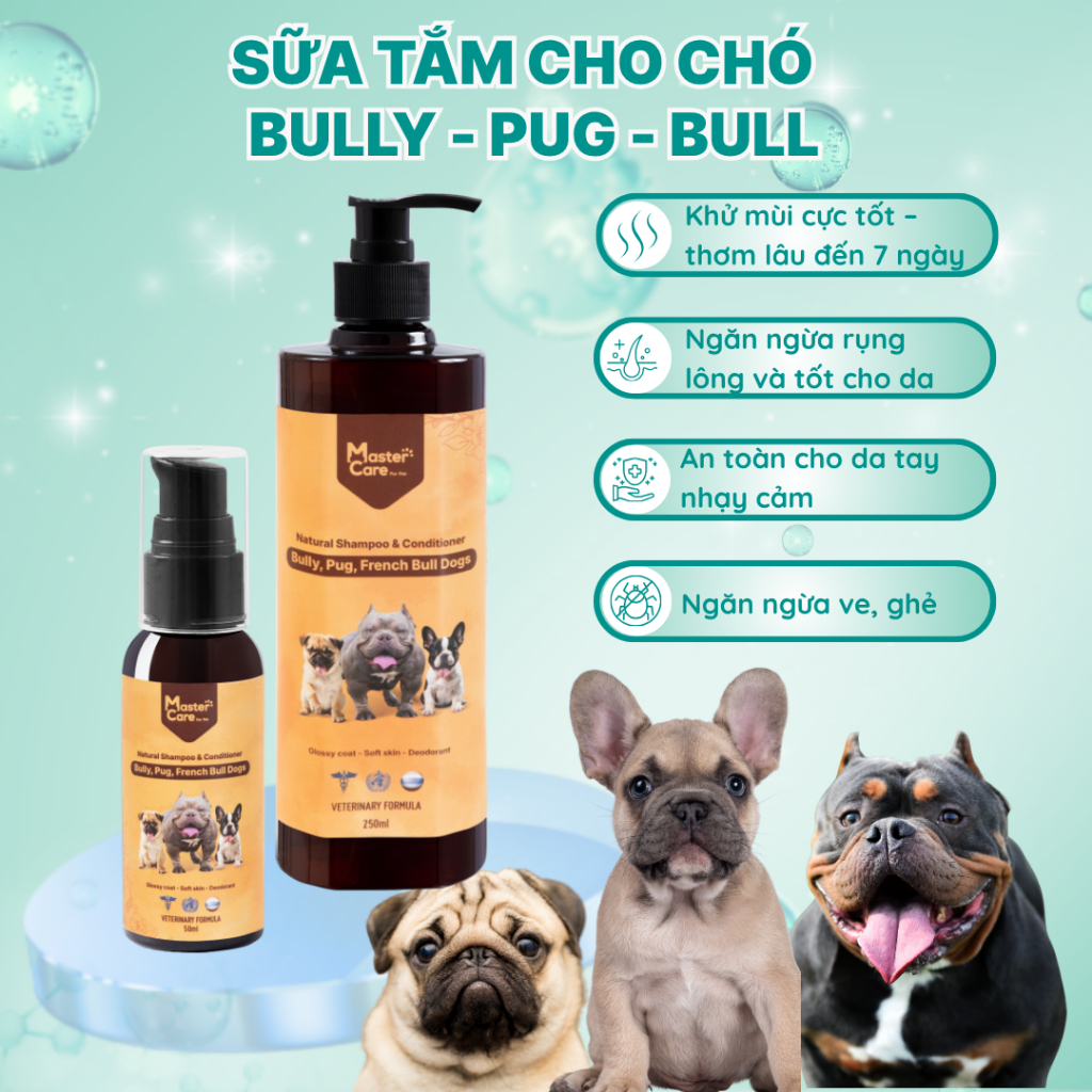 Sữa tắm Chó Bully, Pug, Bull Pháp – Dưỡng Lông Bóng Mượt, Hương Thơm Bền Lâu MasterCare