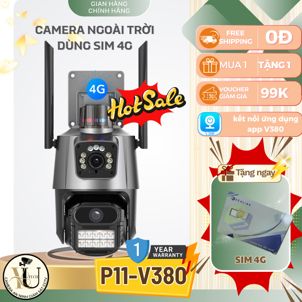 Camera ngoài trời 4G P11-V380 - đàm thọai 2 chiều -kết nối sim 4g