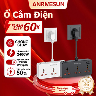  Ổ cắm chia điện đa năng ANRMESUN,2400W công suấ Tích Hợp Cổng 2USB 2Type C sạc nhanh PD20W,chống cháy Bảo vệ quá tải 
