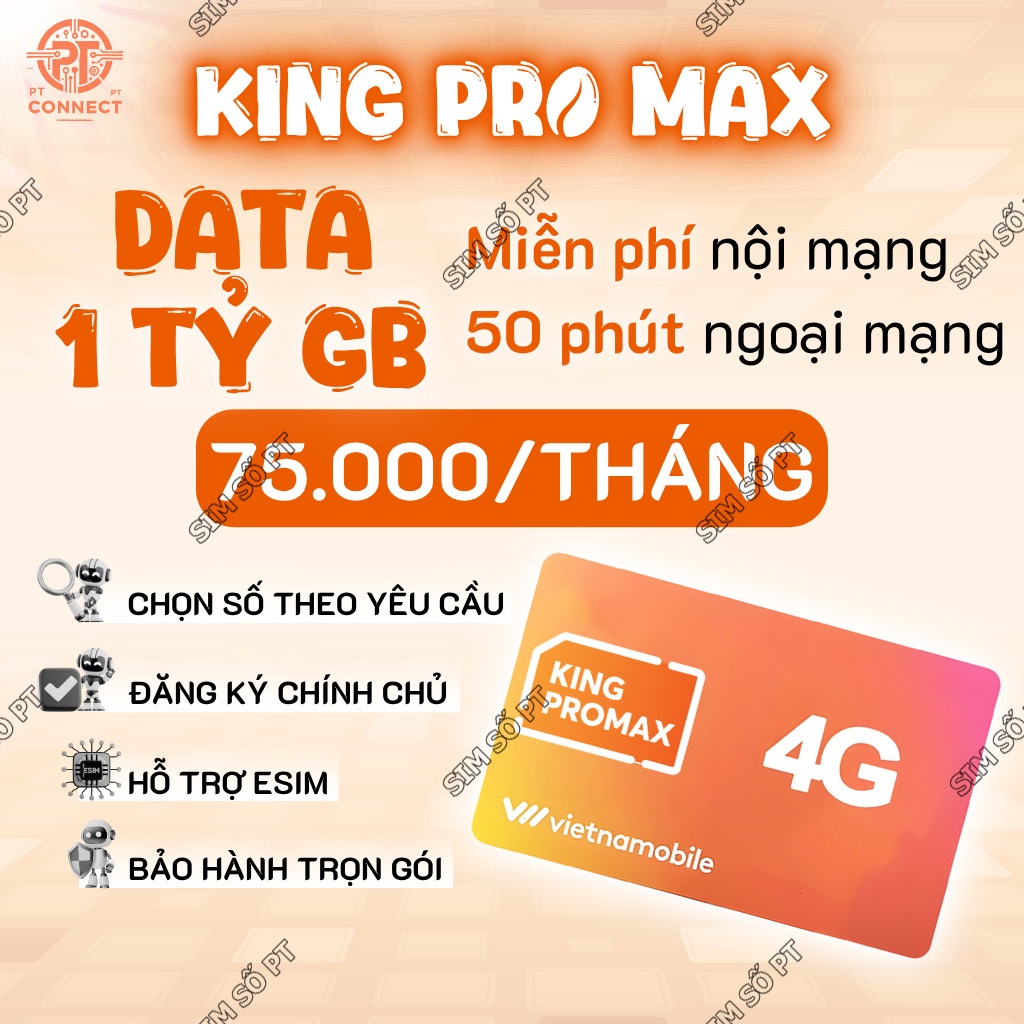 SIM Data 1 Tỷ GB/Tháng King Pro Max – Gọi Nội Mạng Free – 100K Ngoại Mạng – eSIM – Sóng Vietnamobile