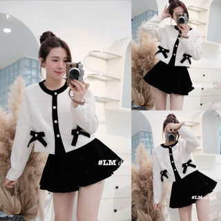   S2.4203  Set Áo Dạ Phối Nhung Túi Nơ Hàng 2 Lớp Dày Dặn Mix Chân Váy Xếp Ly Nhung   áo có độn vai cvay có lót  