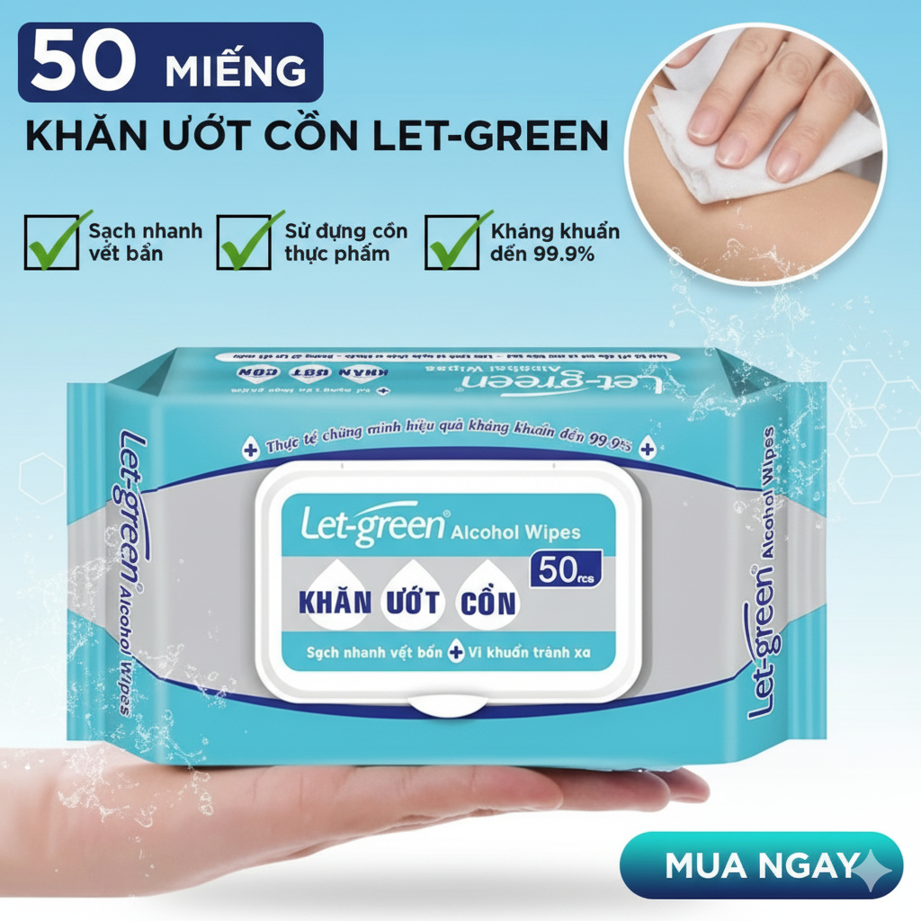 Khăn Ướt Cồn Let-Green Gói 50 Miếng Cồn 75 Độ Diệt Khuẩn 99.9%, Vệ Sinh Nấm Mốc Tủ Quần Áo Giày Dép Hiệu Quả Mùa Ẩm