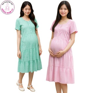  Đầm bầu HỒNG NAM VY caro lụa đẹp mát có mở nút cho bé ti 