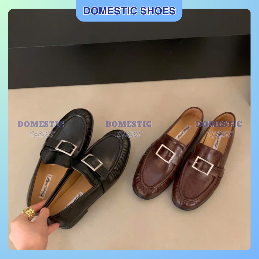 Y552-552 Giày Bệt Nữ Loafer Màu Đen/Nâu Đỏ Đế Thấp, Giày Penny Loafer Khóa Vuông Sang Trọng, Style V