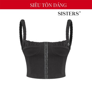  Áo corset 2 dây croptop cúp ngực SISTERS hoạ tiết viền ngực nhún dây vai bo chun màu đen gợi cảm Angelica | SS-T86-D 
