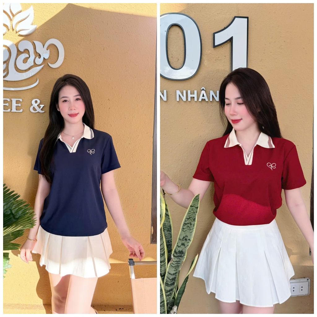 Combo 2 Áo polo nữ cổ V Thiết Kế Cổ Kệt Kim Hình Thêu Nữ  Tính - Bassic Sang Trọng Dễ Phối Đồ ( M22) | BigBuy360 - bigbuy360.vn