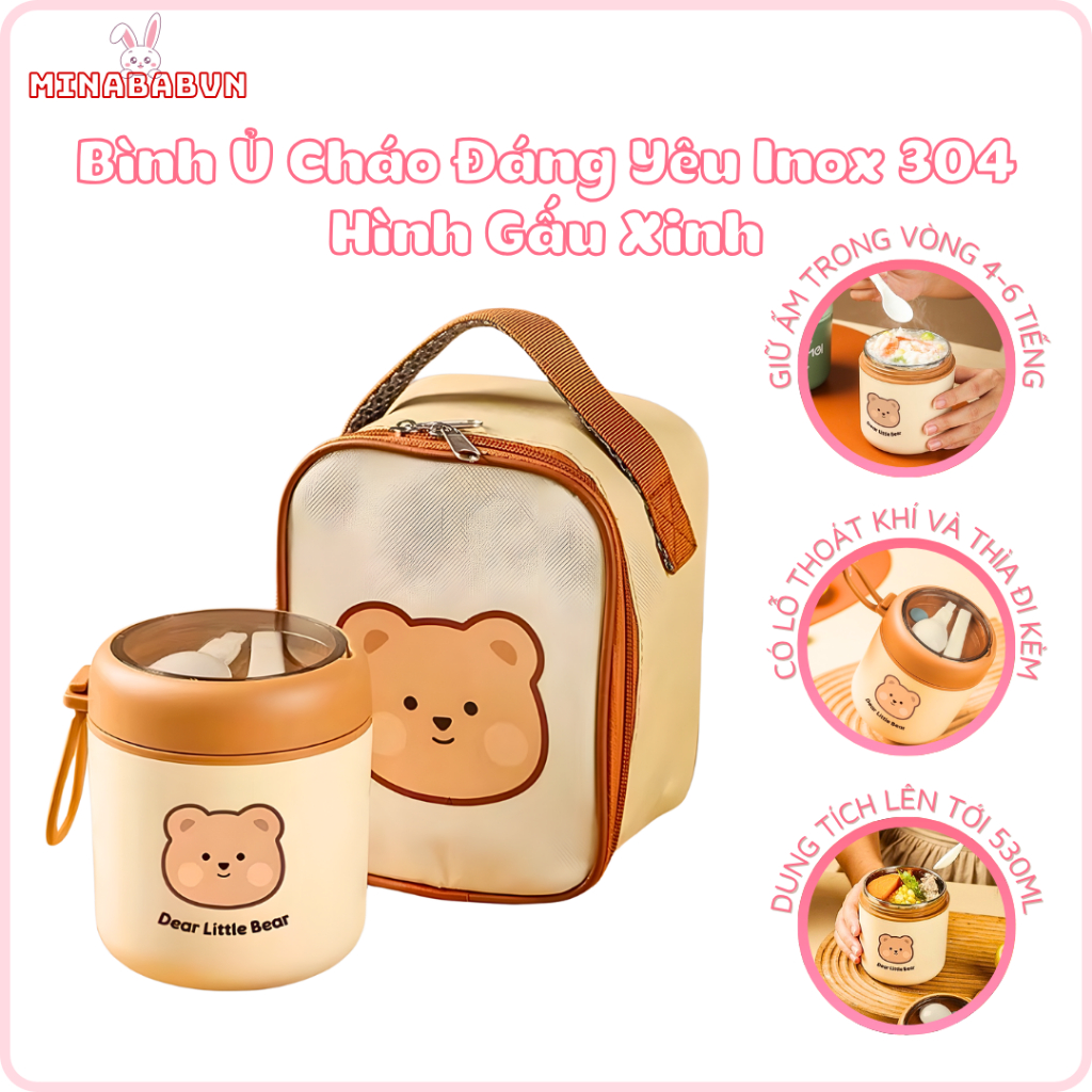 Cốc đựng canh bình ủ cháo hình gấu đáng yêu dung tích 530ml inox 304 mẫu mới giữ nhiệt lâu kèm thìa 