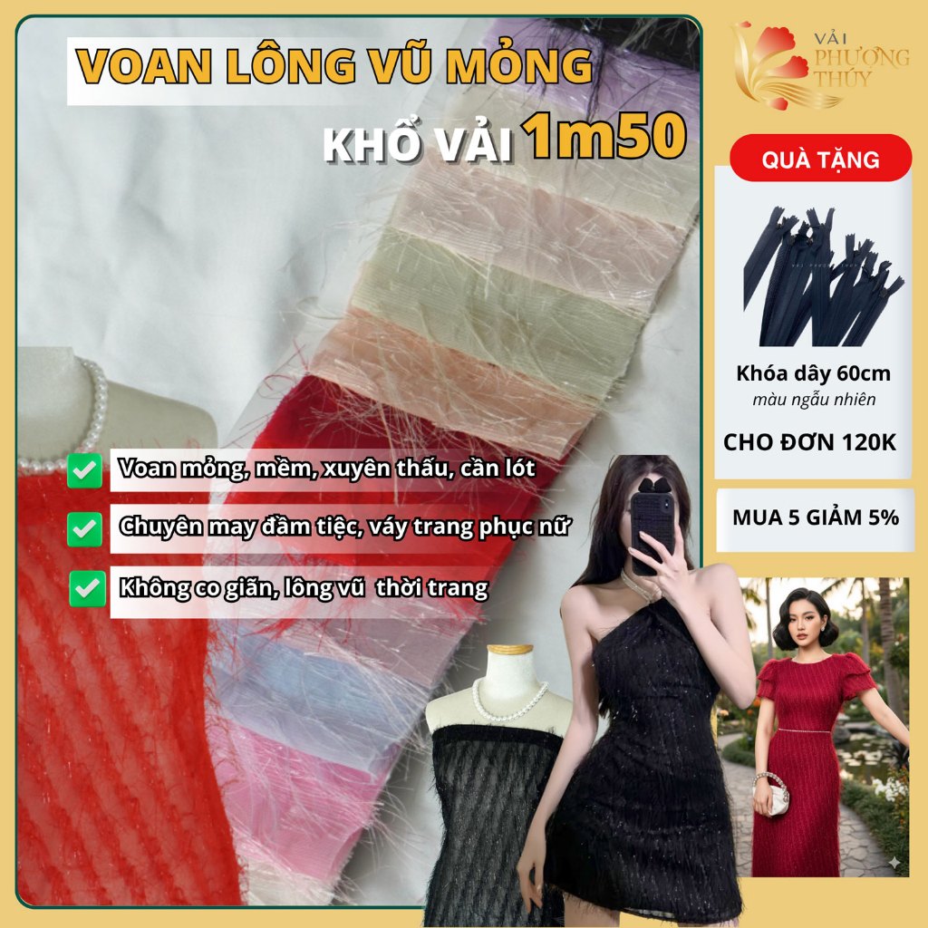 Vải voan lông vũ Phượng Thúy khổ ngang 1m50 mỏng cần lót không giãn chuyên may đầm váy thời trang nữ