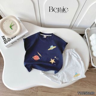 Set bộ cộc tay thun cotton bé trai vũ trụ planet và quần short 1 đến 7t BERNIE KIDS T1025B24Đ