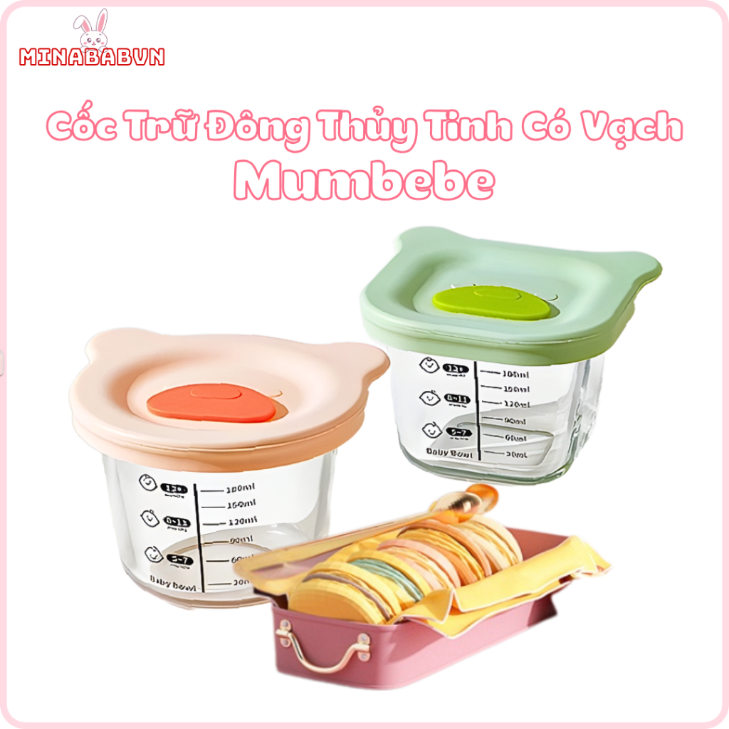 Hộp trữ đông, cốc nấu cháo thuỷ tinh cao cấp an toàn cho bé có vạch chia ml nắp gấu mum dễ thương Mi
