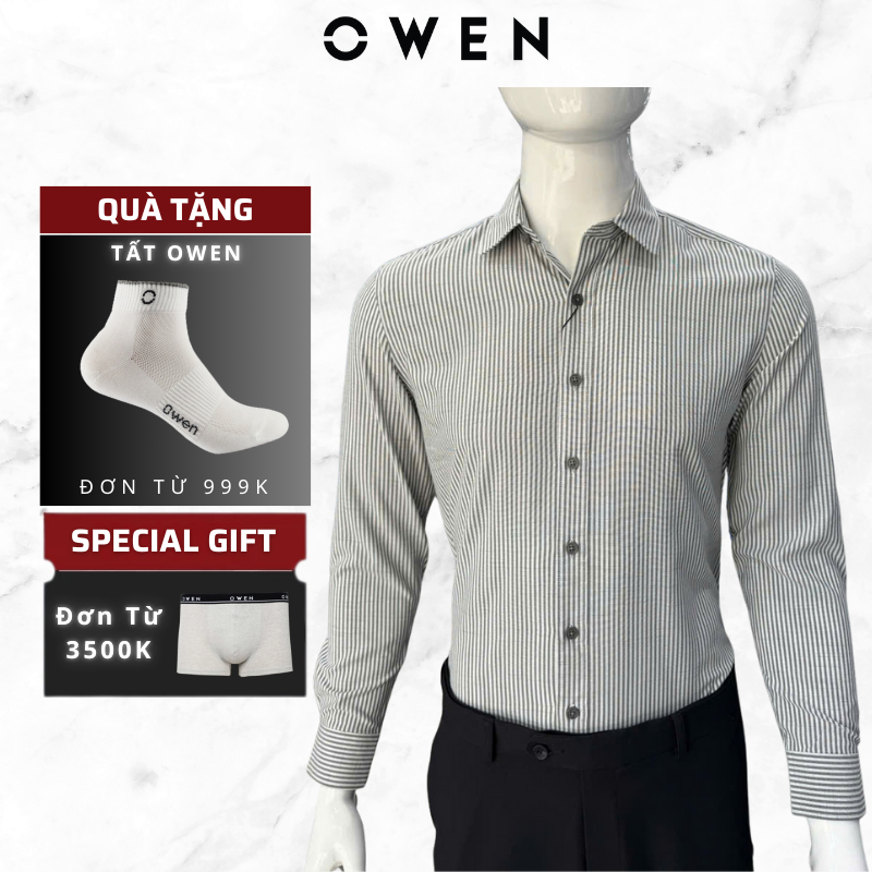 Áo sơ mi nam Owen dài tay Slim Fit mã AS230110 màu kẻ sọc xám chất Cafe