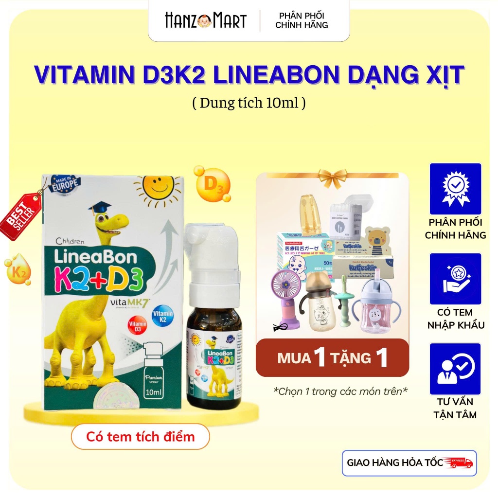 D3 k2 lineabon dạng xịt chính hãng bổ sung K2 và vitamin D3 giúp hấp thụ canxi, giảm còi xương, tăng